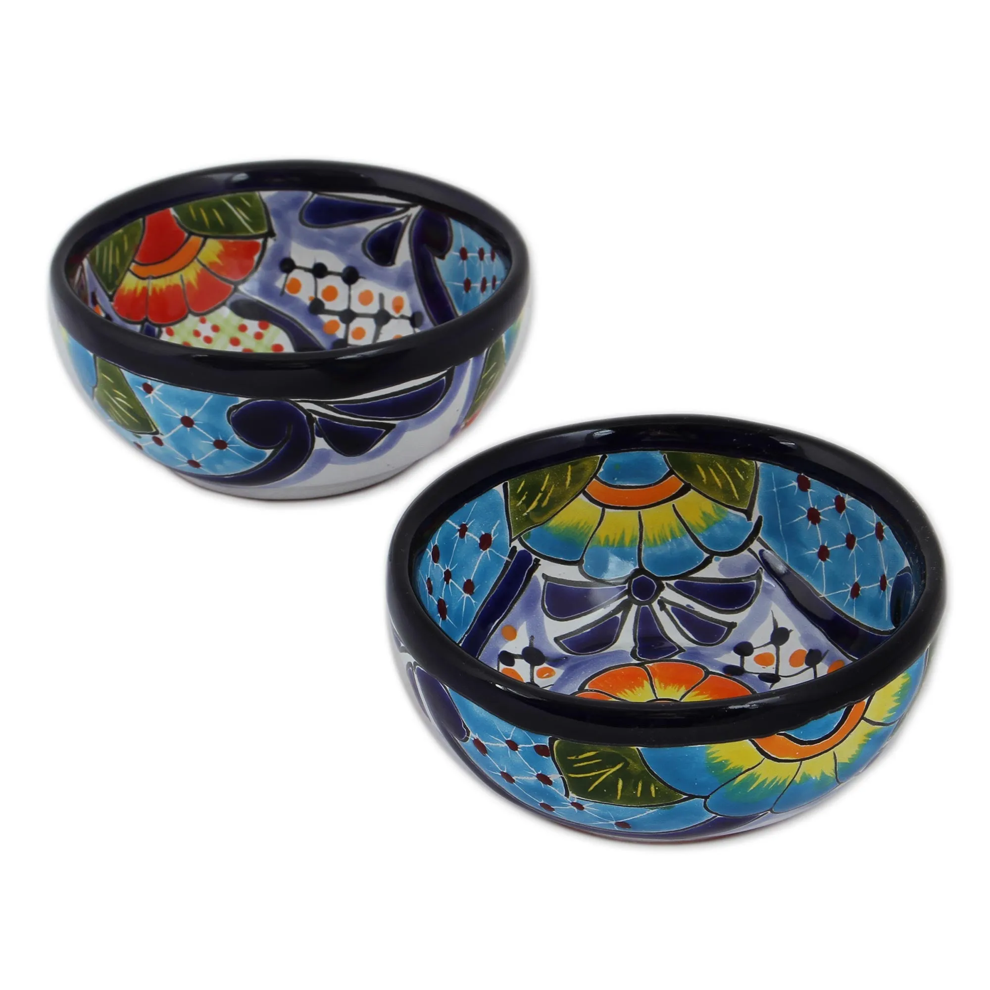 Raining Flowers Talavera Ceramic Condiment Bowls from Mexico (Pair)