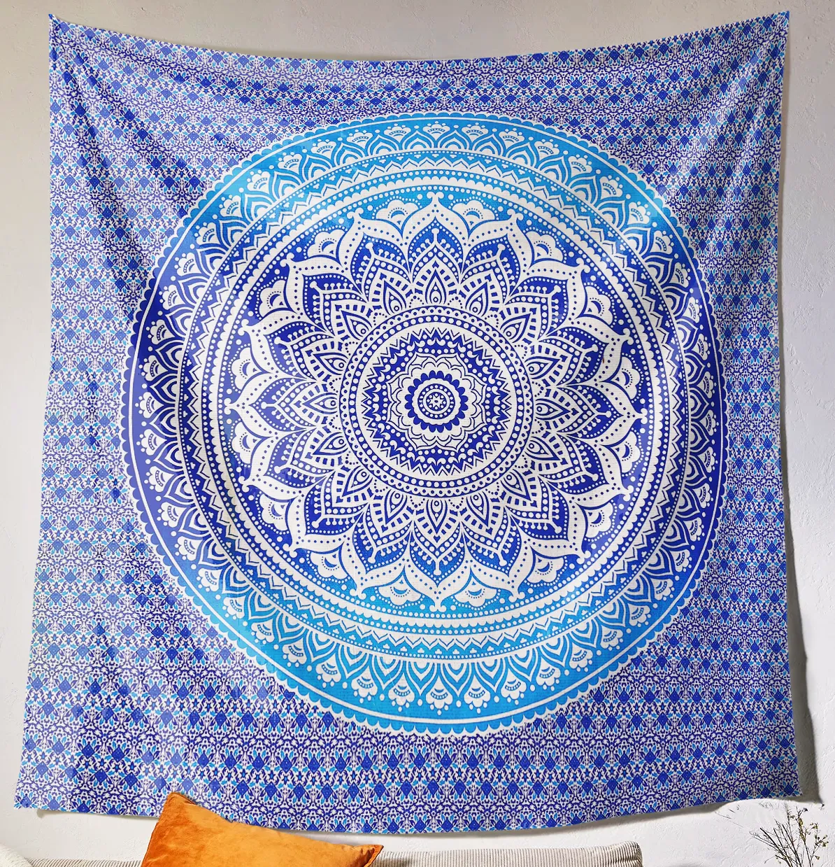SheetKart Cotton Printed Wall Hanging Tapestry - Blue Ombre Mandala | Bohemian Art | Home Decor | 84x96 inches | Aesthetic Room Decor | Proudly Made in India