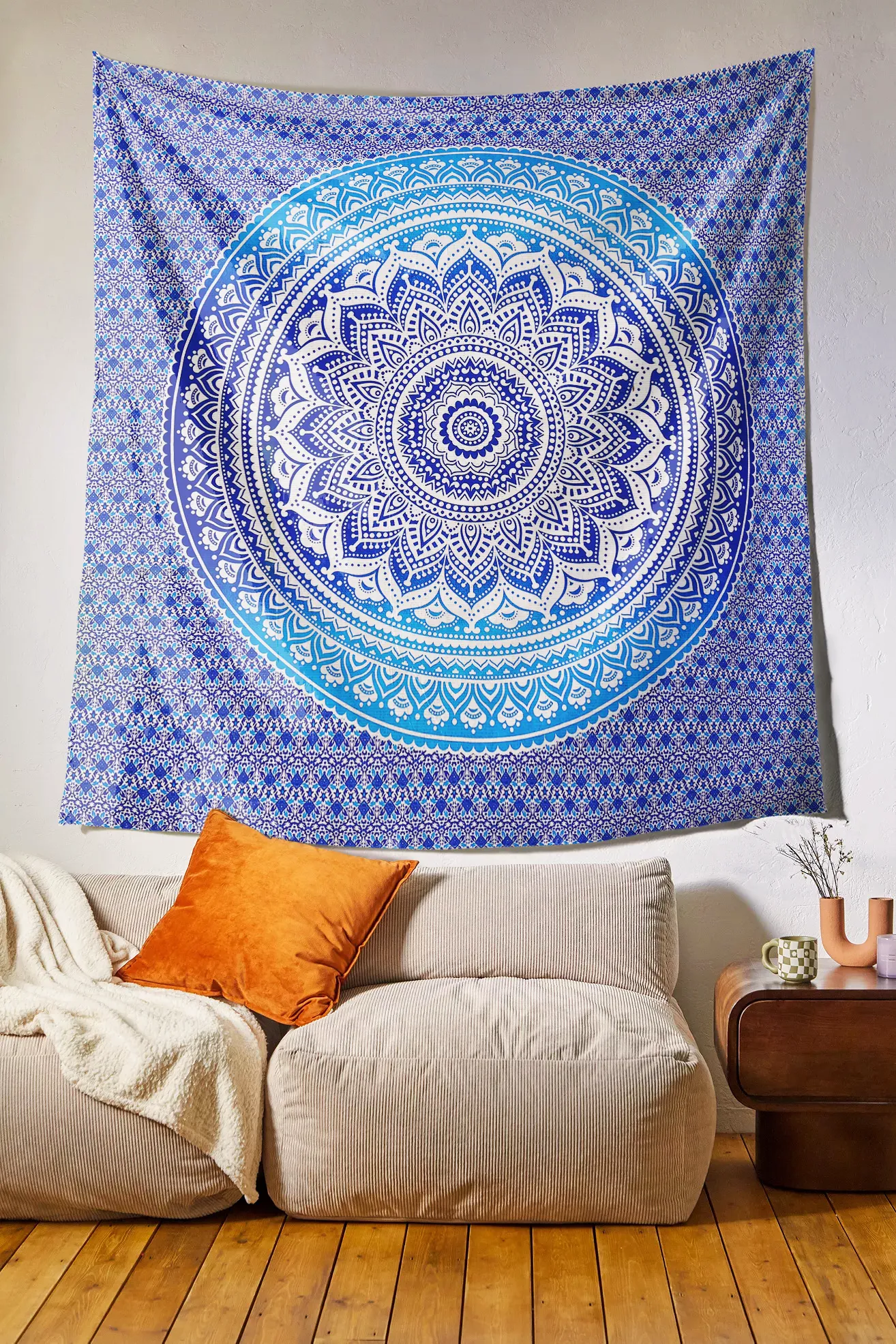 SheetKart Cotton Printed Wall Hanging Tapestry - Blue Ombre Mandala | Bohemian Art | Home Decor | 84x96 inches | Aesthetic Room Decor | Proudly Made in India