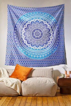 SheetKart Cotton Printed Wall Hanging Tapestry - Blue Ombre Mandala | Bohemian Art | Home Decor | 84x96 inches | Aesthetic Room Decor | Proudly Made in India