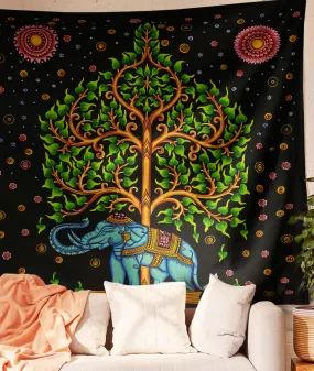 SheetKart Cotton Printed Wall Hanging Tapestry | Elephant Tree Printed | Hand Brushed | Home Decor Art | Perfect Gift | Aesthetic Room Decor | Proudly Made in India