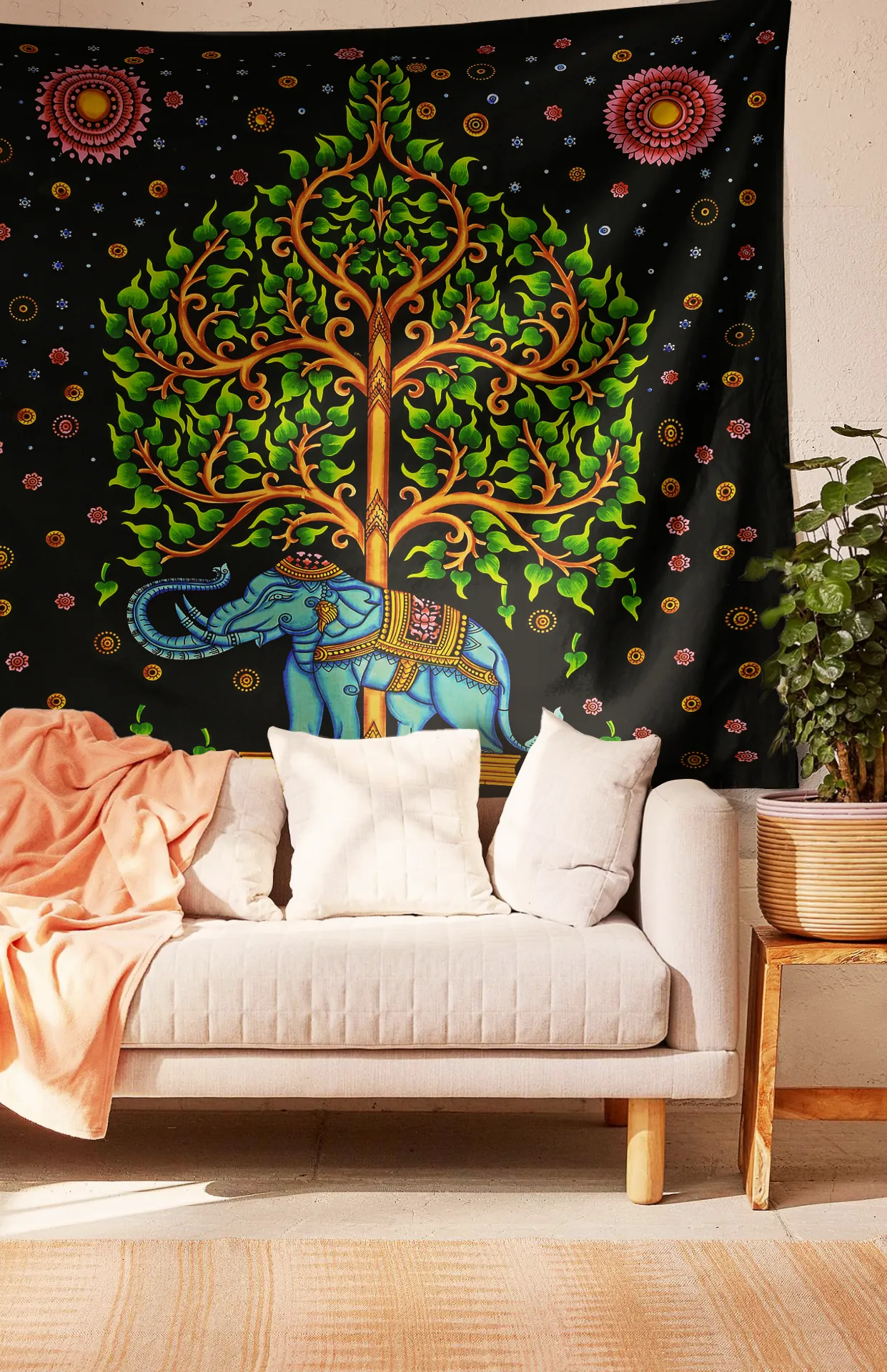 SheetKart Cotton Printed Wall Hanging Tapestry | Elephant Tree Printed | Hand Brushed | Home Decor Art | Perfect Gift | Aesthetic Room Decor | Proudly Made in India