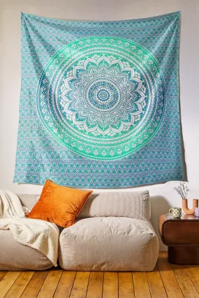 SheetKart Cotton Printed Wall Hanging Tapestry | Sea Green Ombre Mandala | Bohemian Art | Home Decor | Perfect Gift | Aesthetic Room Decor | Proudly Made in India