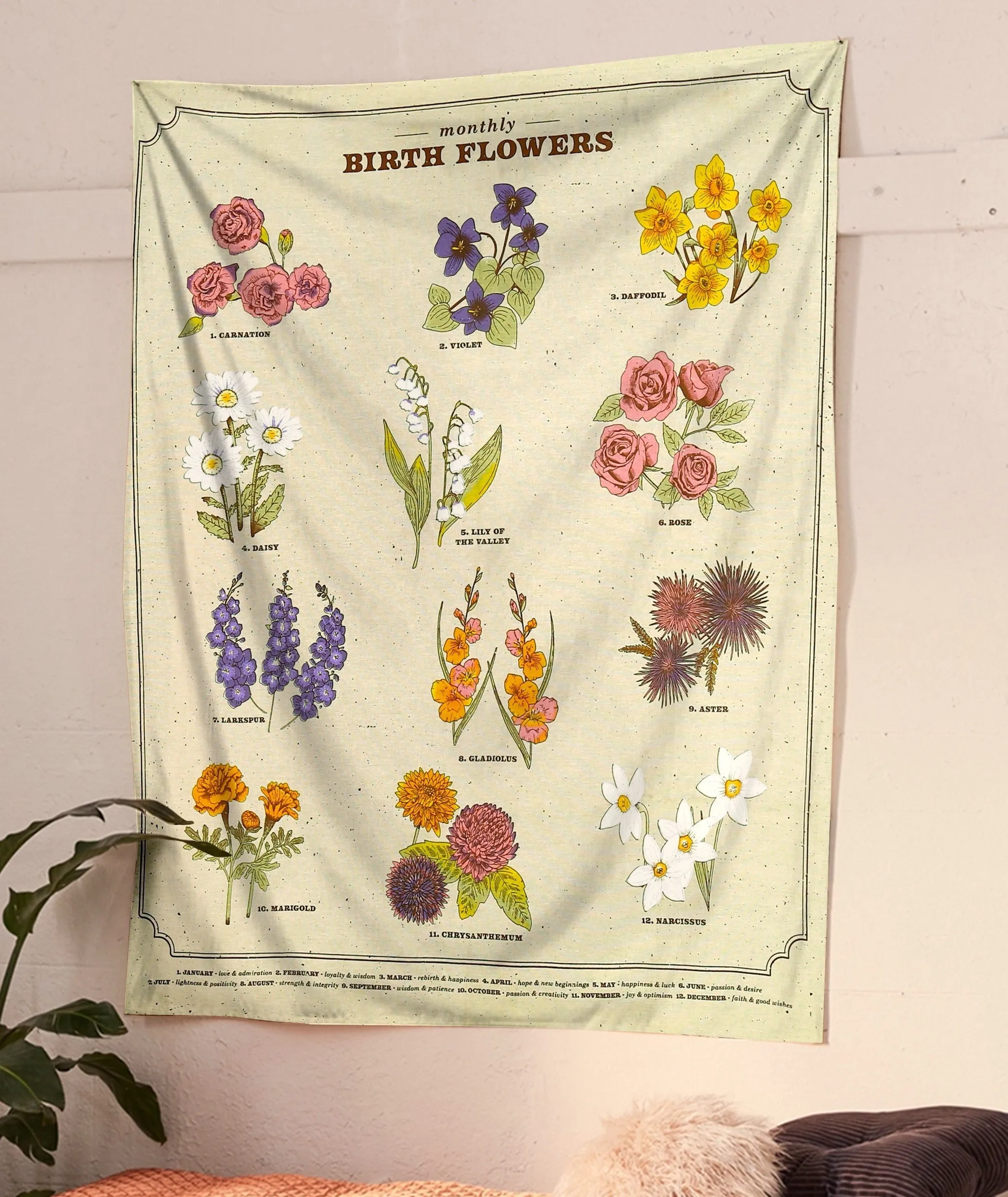 SheetKart Monthly Birth Flowers Cotton Wall Hanging Tapestry | 36 x 42 Inches | Bohemian Style Home Decor | 12 Unique Flowers | 100% Cotton | 7-Color Print