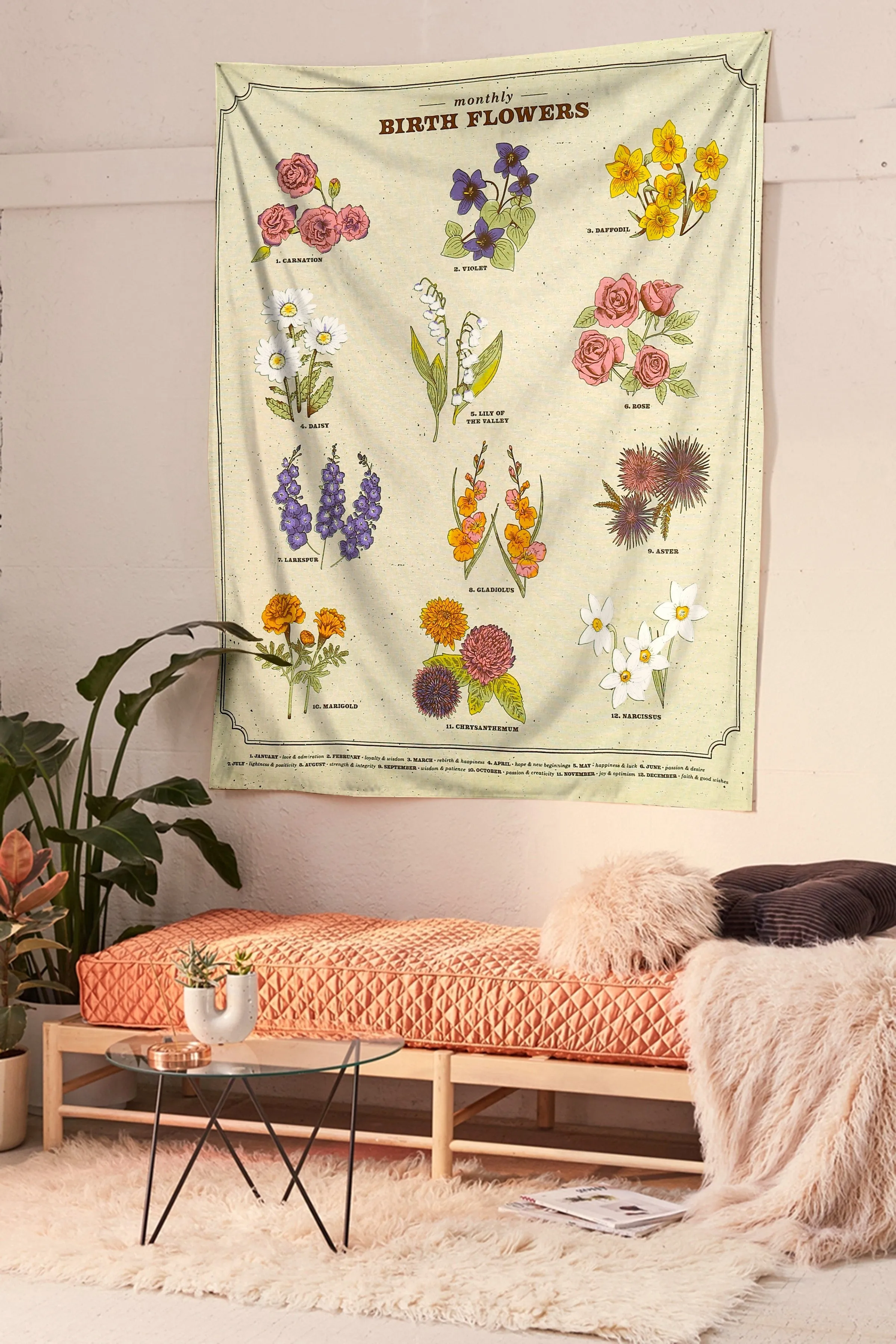 SheetKart Monthly Birth Flowers Cotton Wall Hanging Tapestry | 36 x 42 Inches | Bohemian Style Home Decor | 12 Unique Flowers | 100% Cotton | 7-Color Print
