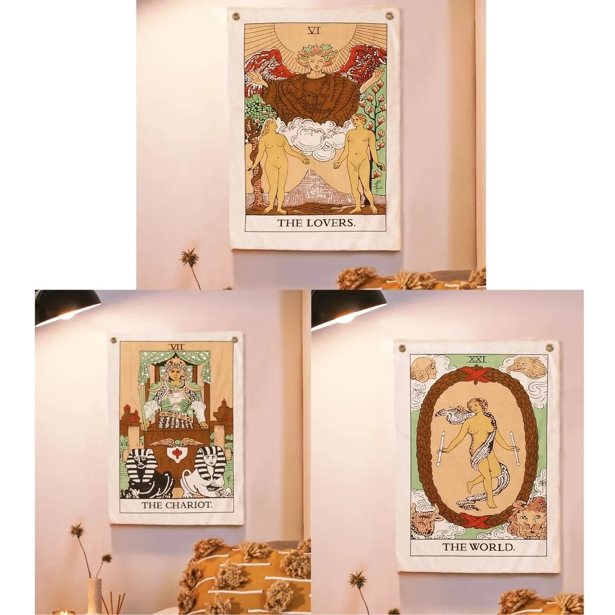 Tarot Flag Tapestry - Bohemian Cotton Printed Hand Made Wall Hanging Tapestries with Steel Grommets, Beige, Pack of 3