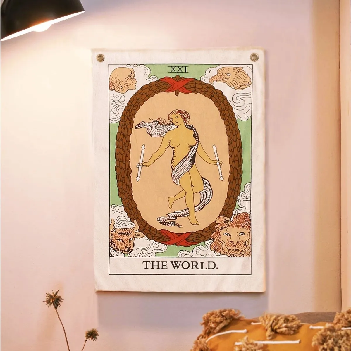 Tarot Flag Tapestry - Bohemian Cotton Printed Hand Made Wall Hanging Tapestries with Steel Grommets, Beige, Pack of 3